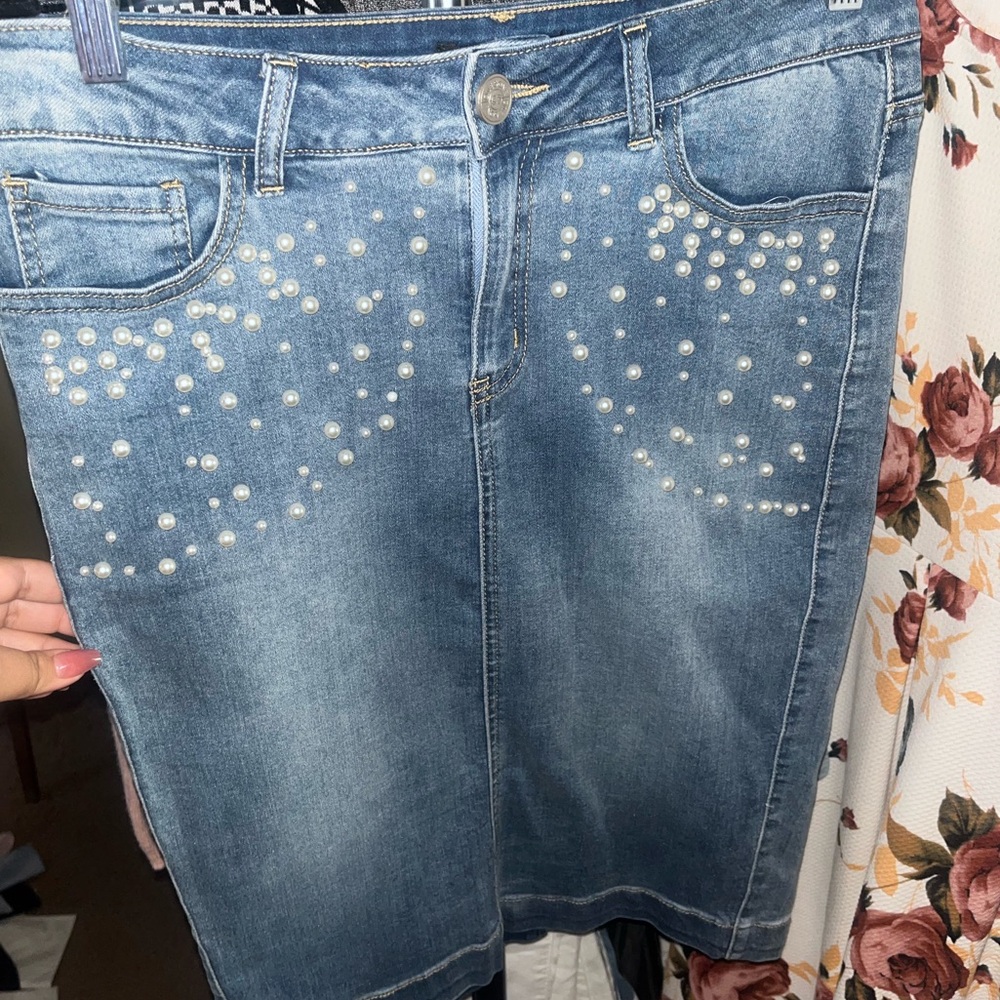 Blue Denim Skirt with Pearl Embellishments